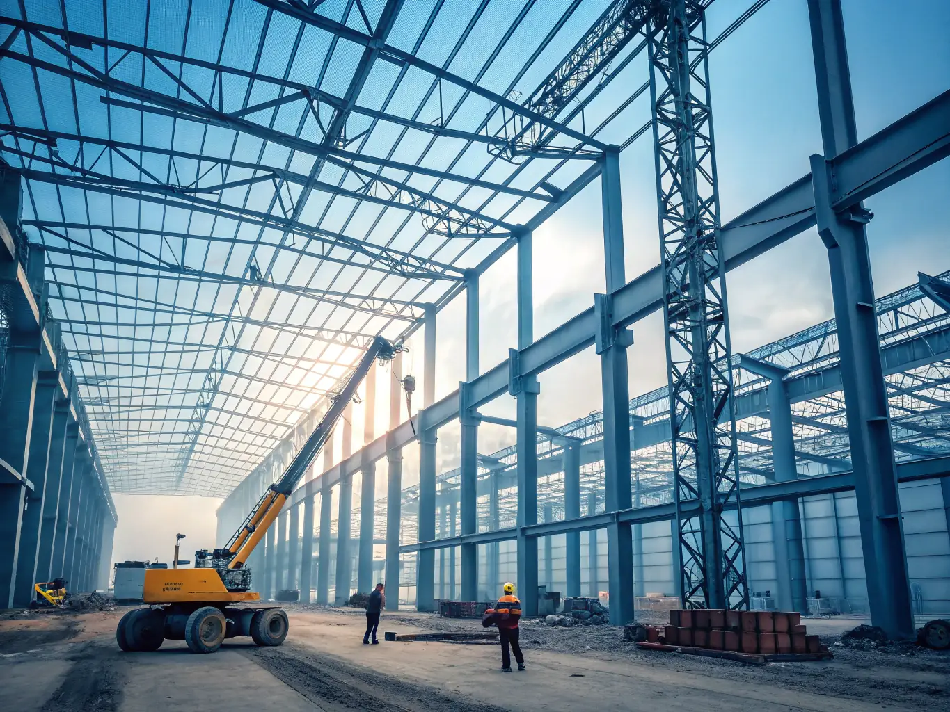 An industrial warehouse with heavy machinery and construction activity, illustrating the industrial projects undertaken by AxB Contracting.