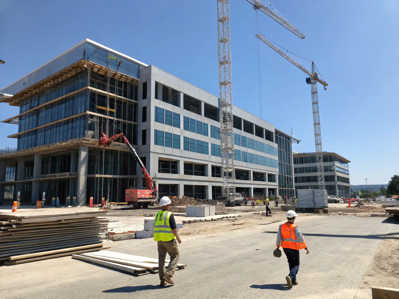 A modern residential building under construction with cranes and workers on site, showcasing the residential construction services of AxB Contracting.