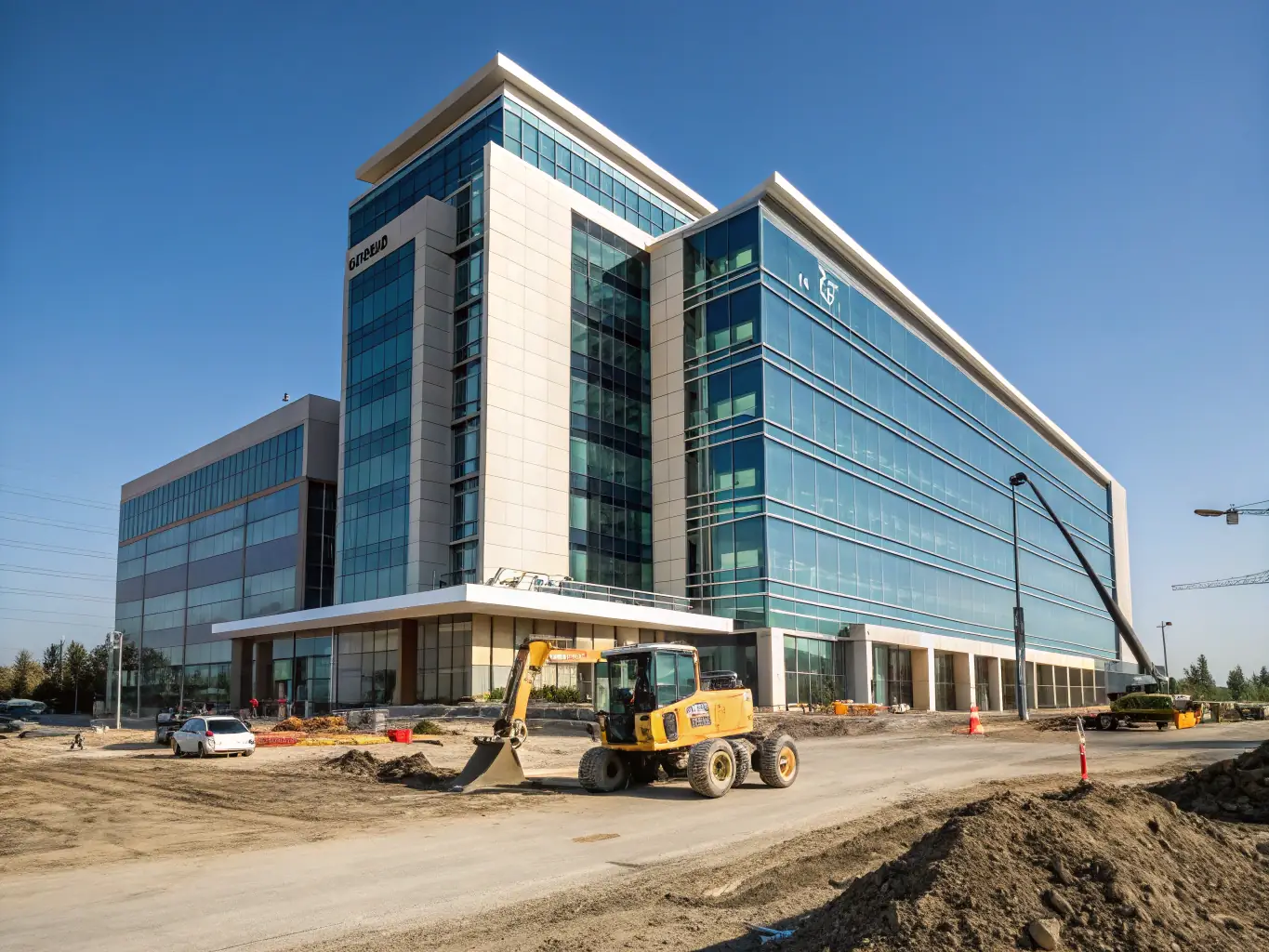 A sleek commercial office building with glass facades and active construction site, representing the commercial development services of AxB Contracting.