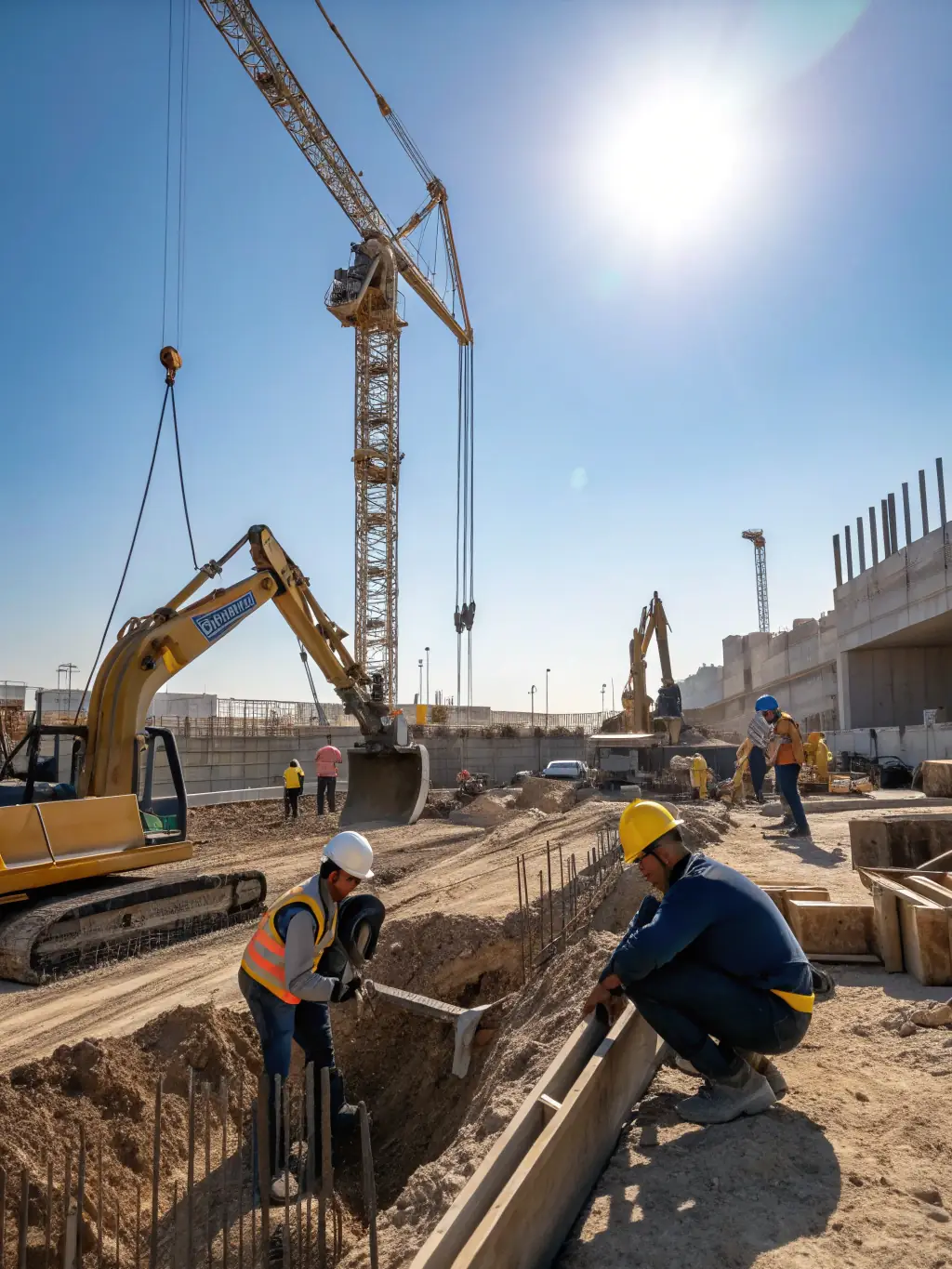A close-up shot of construction workers using advanced equipment on a construction site in Dubai, highlighting the precision and efficiency of AxB Contracting's construction processes.